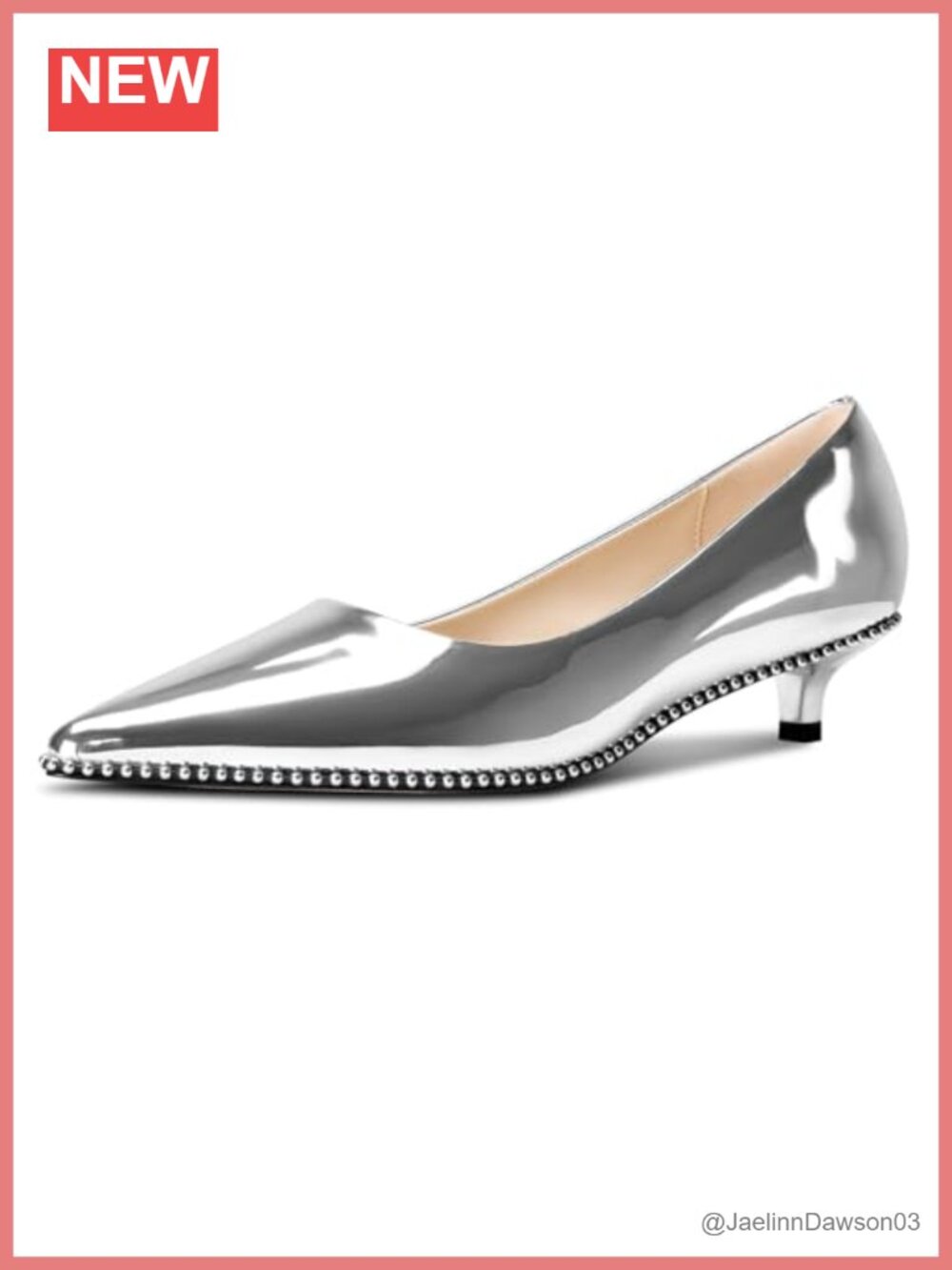 Silver Beaded Kitten Heel Pumps for Women Pointed Toe Slip-On Dress Shoes 1.4"